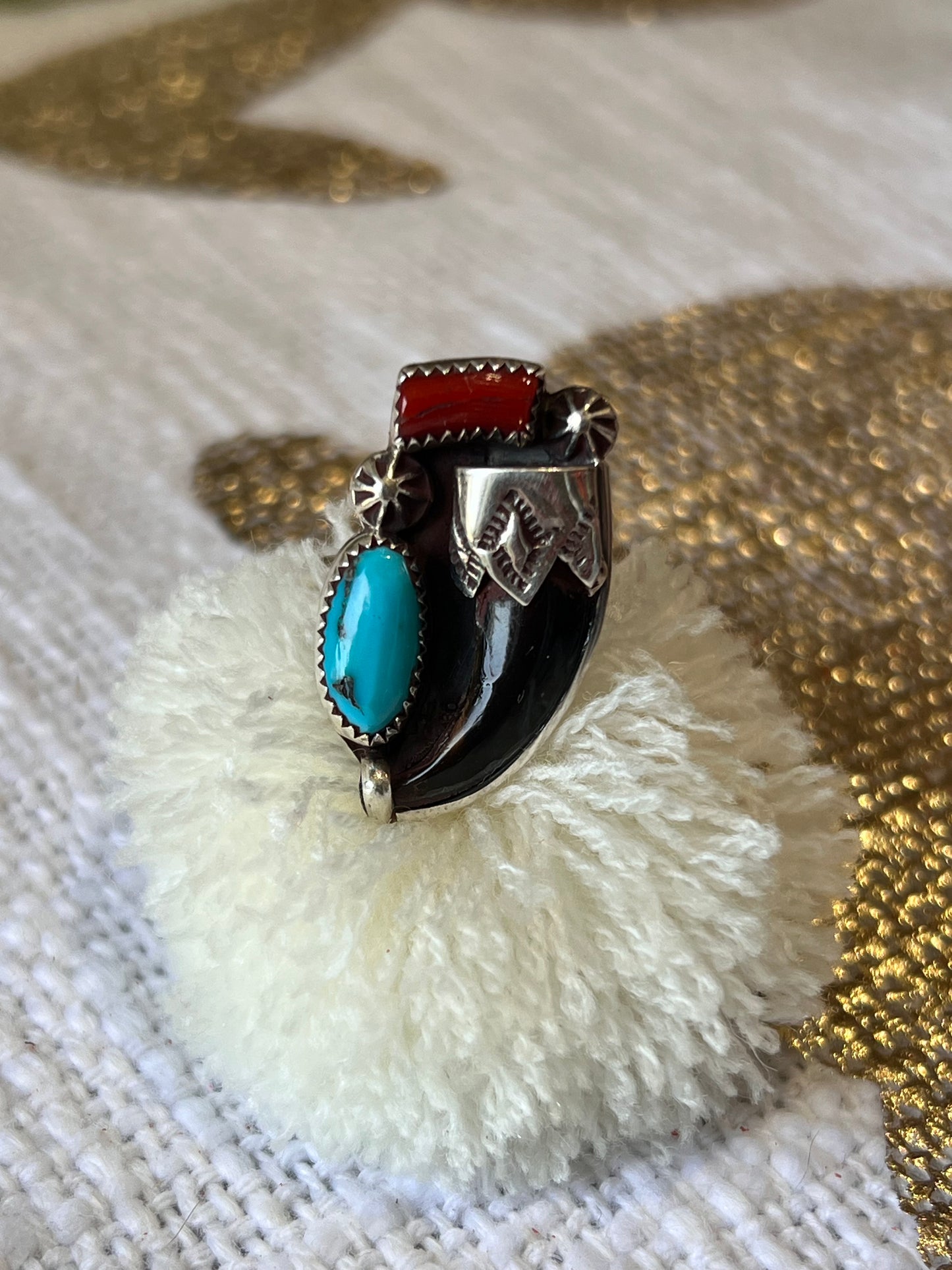 Native turquoise, coral and claw ring