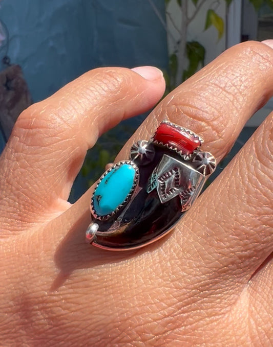 Native turquoise, coral and claw ring