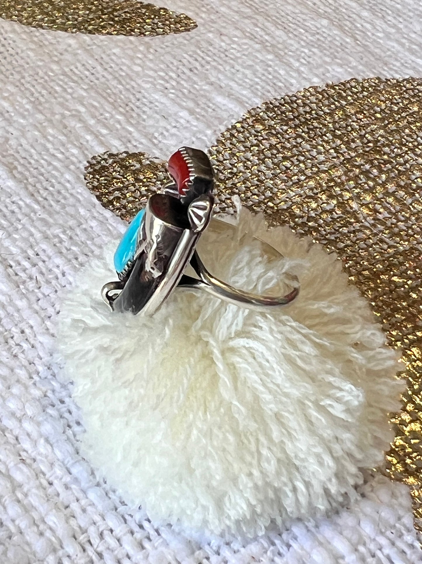 Native turquoise, coral and claw ring